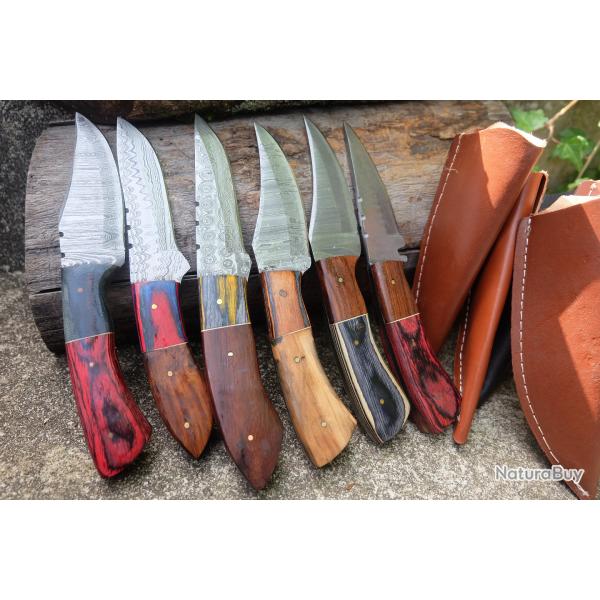 LOT DE 6 Couteau Skinner Damas Lame Acier 256 Couches Manche Bois Etui Simili Cuir Fabr Artisanat 00
