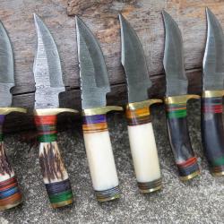 LOT DE 6 Couteau Skinner Damas Lame 256 Couches Manche OS/Corne/Bois Cerf F Artisanale Etui Cuir