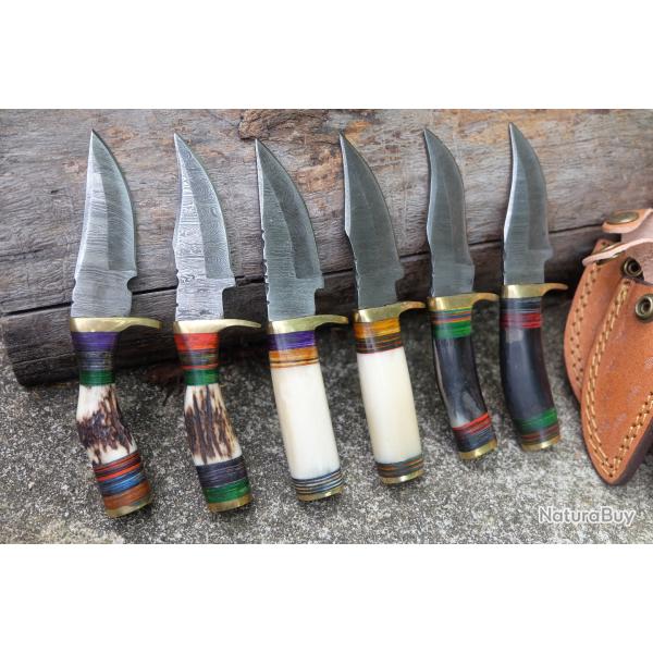 LOT DE 6 Couteau Skinner Damas Lame 256 Couches Manche OS/Corne/Bois Cerf F Artisanale Etui Cuir