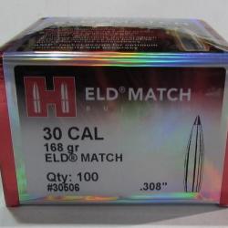 boite 100 ogives Hornady ELD Match, diametre 0.308, poids 168 grs, ref 30506