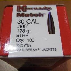 lot 100 ogives Hornady , cal 30, poids 178grs, BTHP