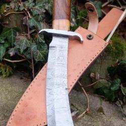 Mini Katana Dao Lame Acier Damas 256 Couches Manche Bois Garde Nickel Etui Cuir Fabric Artisanale 00