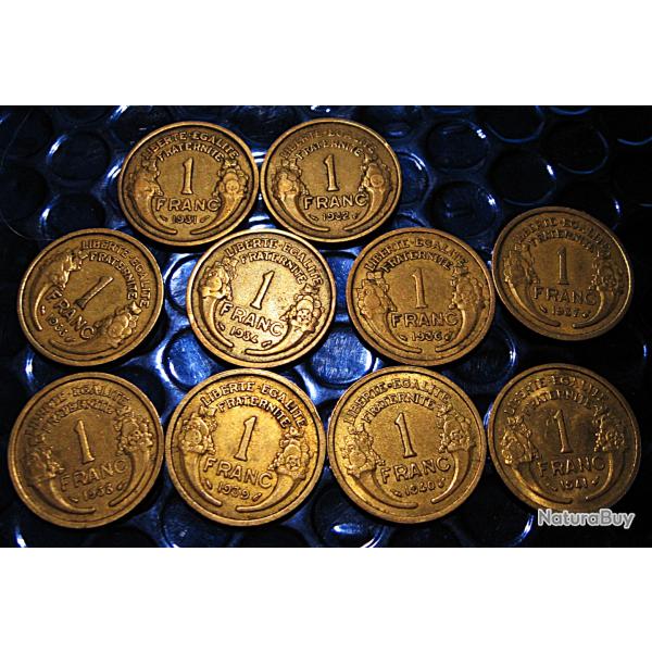 France erie de  10 pieces  1 franc Morlon 1931-32-33-34-36-37-38-39-40-41ttb