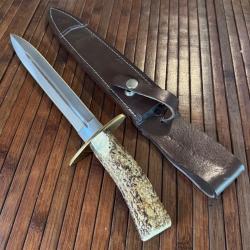 BELLE ET GRANDE DAGUE ARTISANALE DOUBLE TRANCHANT MANCHE BOIS DE CERF ÉTUIS CUIR