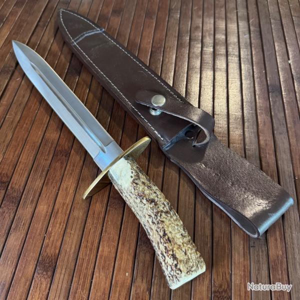 BELLE ET GRANDE DAGUE ARTISANALE DOUBLE TRANCHANT MANCHE BOIS DE CERF TUIS CUIR