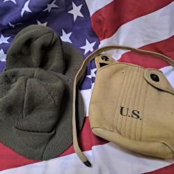 DESTOCKAGE lot 2 ex.Beanie Jeep cap + housse gourde US 1942 + sangle USM3 Paratrooper MILITARIA WW2
