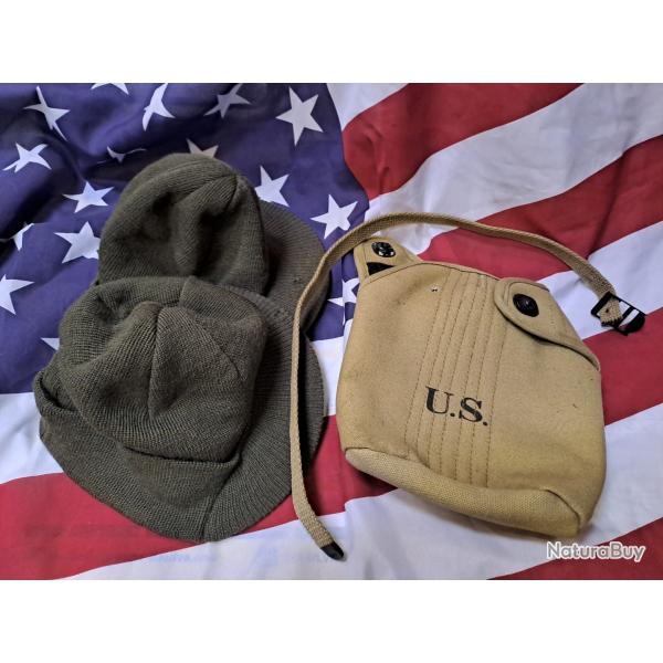 DESTOCKAGE lot 2 ex.Beanie Jeep cap + housse gourde US 1942 + sangle USM3 Paratrooper MILITARIA WW2