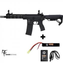Pack airsoft réplique AEG SHINOBI NOIR SAIGO DEFENSE avec batterie LIPO, chargeur 300 billes