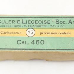 BOITE CARTON 24 CATOUCHES CALIBRE 450 MUNITIONS CAPSULERIE LIEGEOISE ANCIENNEMENT FRANCOTTE XIXè Trè