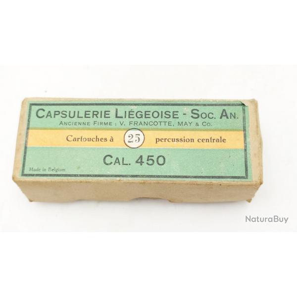 BOITE CARTON 24 CATOUCHES CALIBRE 450 MUNITIONS CAPSULERIE LIEGEOISE ANCIENNEMENT FRANCOTTE XIX Tr
