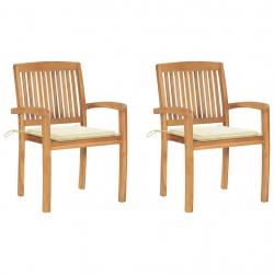 Chaises de jardin lot de 2 et coussins crème Bois teck massif