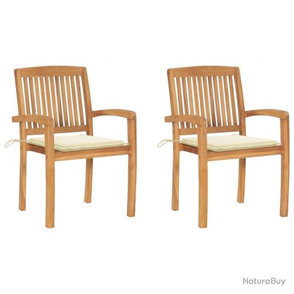 Chaises de jardin lot de 2 et coussins crme Bois teck massif