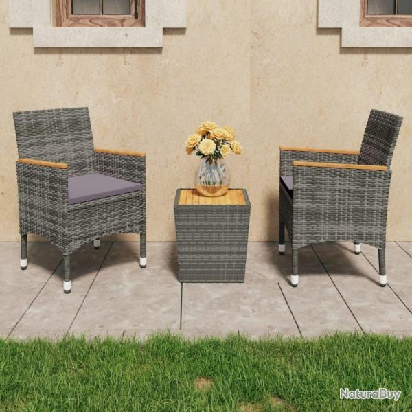 Ensemble de bistro 3 pcs Rsine tresse et bois d'acacia Gris