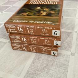 Vends lot de 3 boîtes de cartouches Tunet Chasse de tradition calibre 16/67 plomb n°6