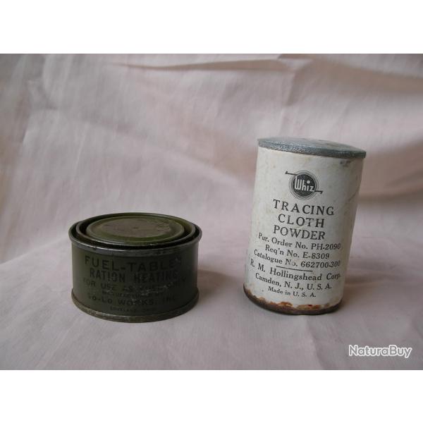 WW2 US LOT DE 2 LMENTS VETEMENT ET RCHAUD MILITAIRE AMRICAIN TRACING CLOTH POWDER FUEL TABLET