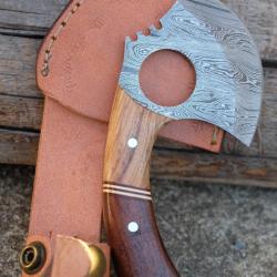 Couteau d'Esquimau Inuit Ulu Lame Acier Damas 256 Couches Manche 2 Bois Etui Cuir Fabr Artisanale 00