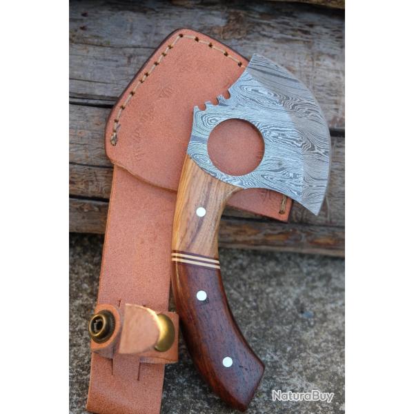 Couteau d'Esquimau Inuit Ulu Lame Acier Damas 256 Couches Manche 2 Bois Etui Cuir Fabr Artisanale 00
