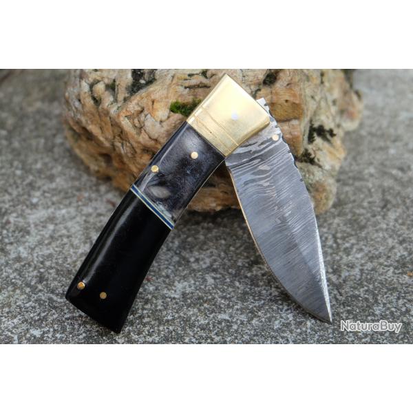 Beau Couteau Damas Lame Drop Point 128 Couches Manche Blier & Rsine Fab Artisanale Linerlock 001