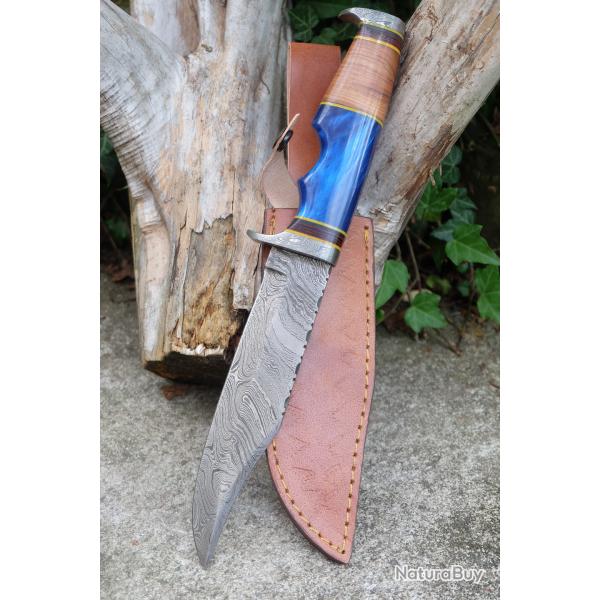 Couteau Bowie Lame/Garde/Pommeau Damas 256 Couches Manche Bois/Rsine Etui Cuir Fab Artisanale