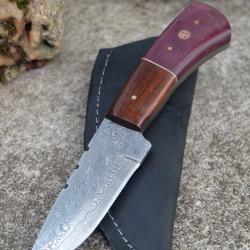 Couteau Skinner Damas Lame Drop Point Acier 256 Couches Manche 2 Bois Etui Cuir Fabr Artisanale