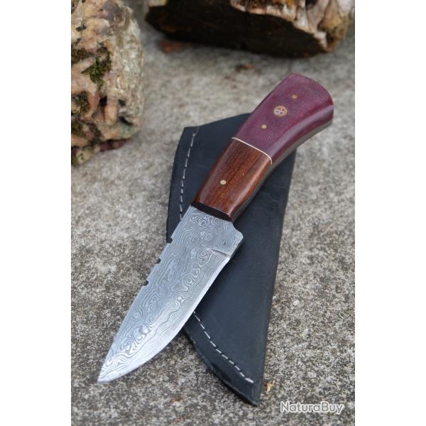 Couteau Skinner Damas Lame Drop Point Acier 256 Couches Manche 2 Bois Etui Cuir Fabr Artisanale