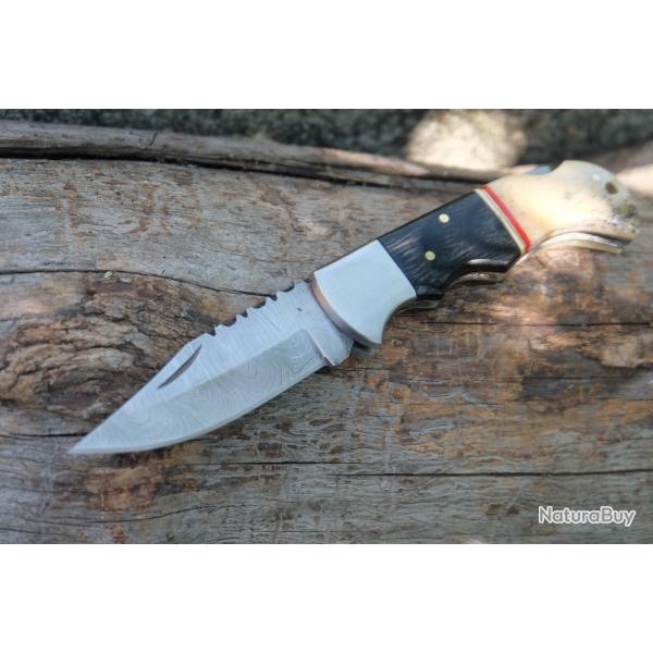 Couteau Lame Damas 128 Couches Manche Os & Bois Faon Buck 112 Fabrication Artisanale Lockback