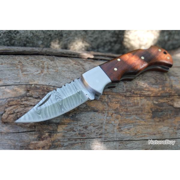 Couteau Lame Damas 128 Couches Manche Bois Faon Buck 112 Lockback Fabr Artisanale