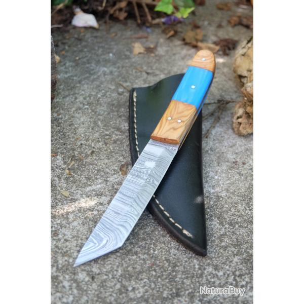 Mini Katana Couteau Tanto Damas Lame 256 Couches Manche Bois & Rsine Fabric Artisanale Etui Cuir 01