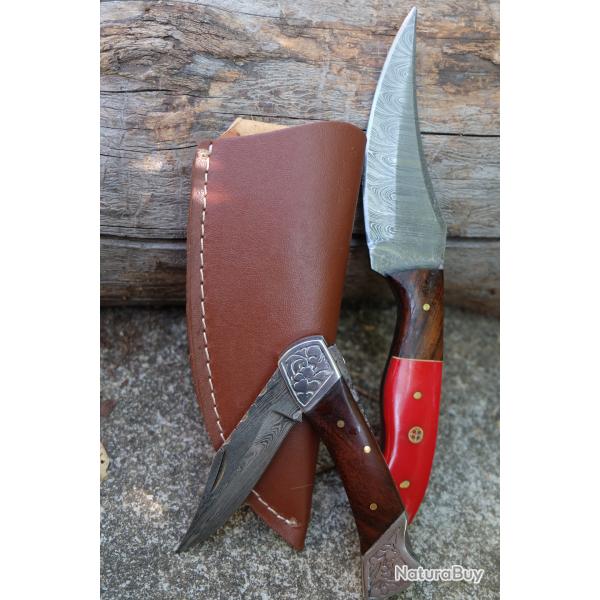 Lot de 2 Couteaux:  Skinner Damas Lame 256 Couches Etui Cuir + Pliant Lame 128 Couches Style Buck 03