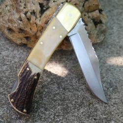 GROS Couteau de Chasse Façon Buck 110 Manche Bois de Cerf/Os Lame Carbone 1055 Sécurité Lockback