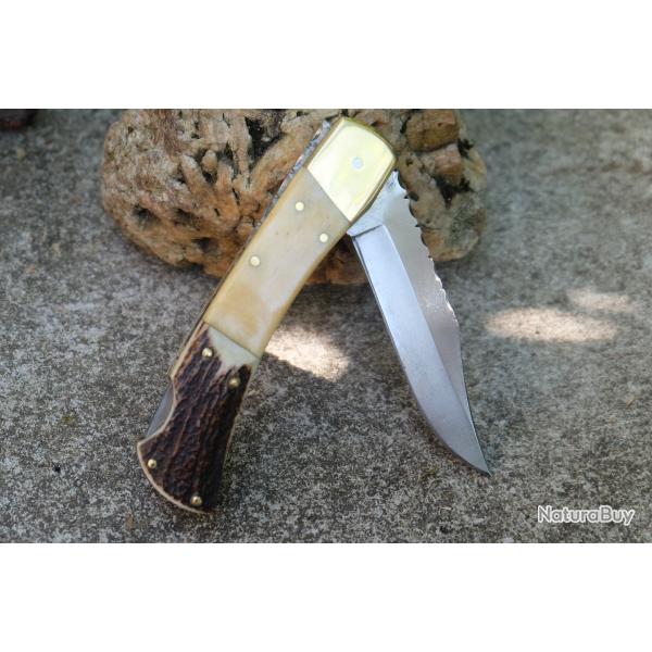GROS Couteau de Chasse Faon Buck 110 Manche Bois de Cerf/Os Lame Carbone 1055 Scurit Lockback