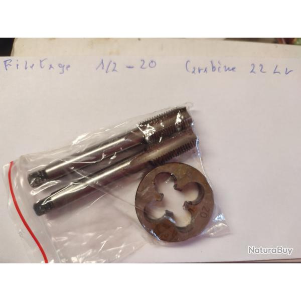 Filire et tarauds en  1/2-20  Unef , pour filetage des caches flammes   des carabines 22 Lr