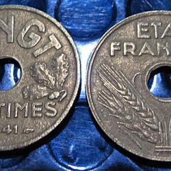 France   pieces de 20 centimes LINDAUER 1941 ttb zinc