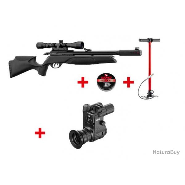 PACK CARABINE PCP GAMO ARROW 4.5MM 19.9J + LUNETTE 3-9X40WR + PARD NV007SP + PLOMBS + POMPE