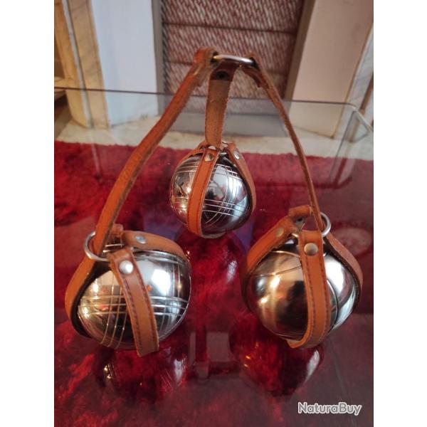 Ancien  porte boule triplette ptanque cuir lanire marque JB  Neuf