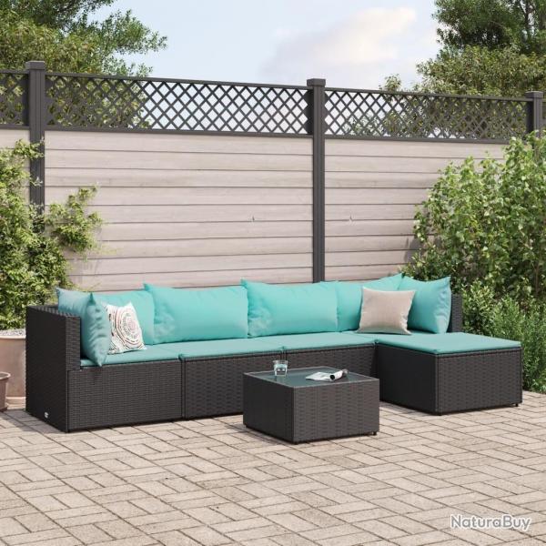 Salon de jardin 6 pcs avec coussins Noir Rsine tresse