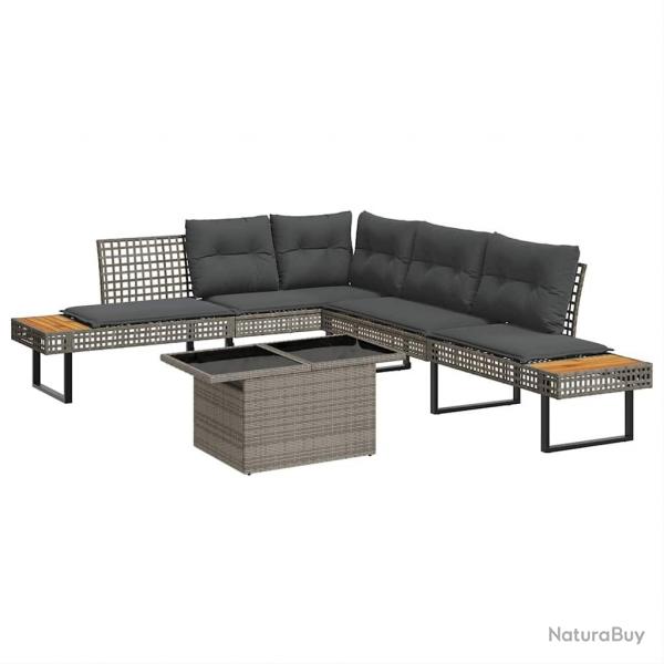 Salon de jardin avec coussins 2pcs gris rsine tresse et verre