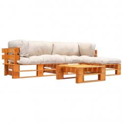 Salon de jardin palette 4 pcs avec coussins sable bois