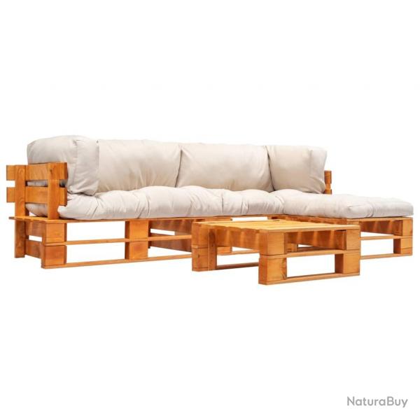 Salon de jardin palette 4 pcs avec coussins sable bois