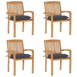 Chaises de jardin empilables avec coussins lot de 4 Teck solide
