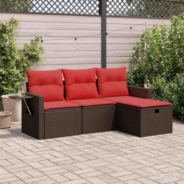 Salon de jardin 4 pcs avec coussins marron rsine tresse