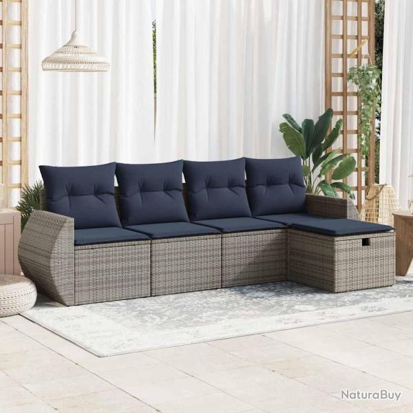 Salon de jardin 5 pcs avec coussins gris rsine tresse