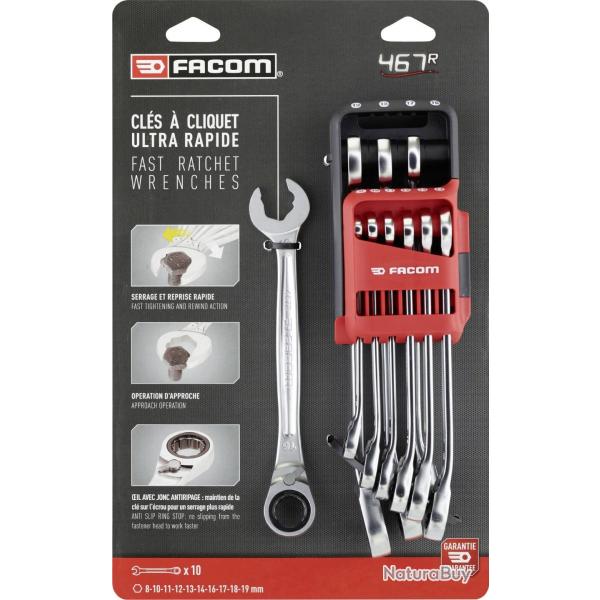 Facom | 467BR.JP10PB Jeu de 10 cls mixtes  cliquet rapides en tui Pocket 8  19 mm