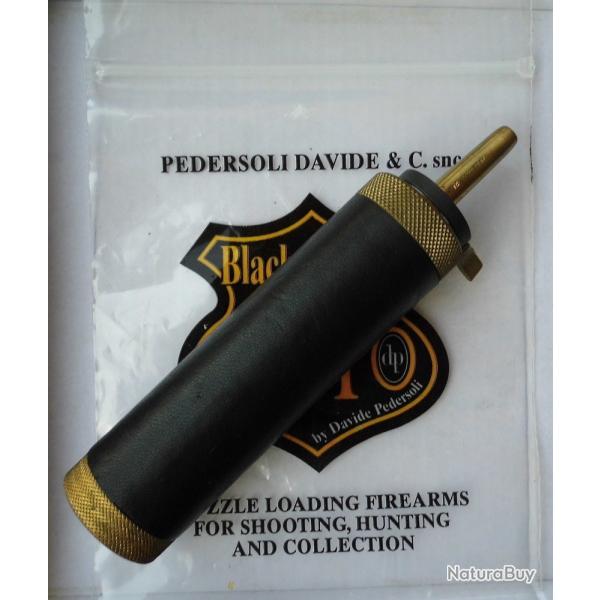 Poire  poudre laiton tubulaire Pedersoli gaine de cuir noir, rechargement poudre noire
