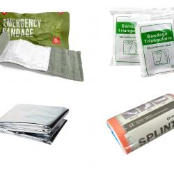 Lot Pansement compressif + Bandage triangulaire + Couverture de survie + Attelle rigide - Livr. gr.