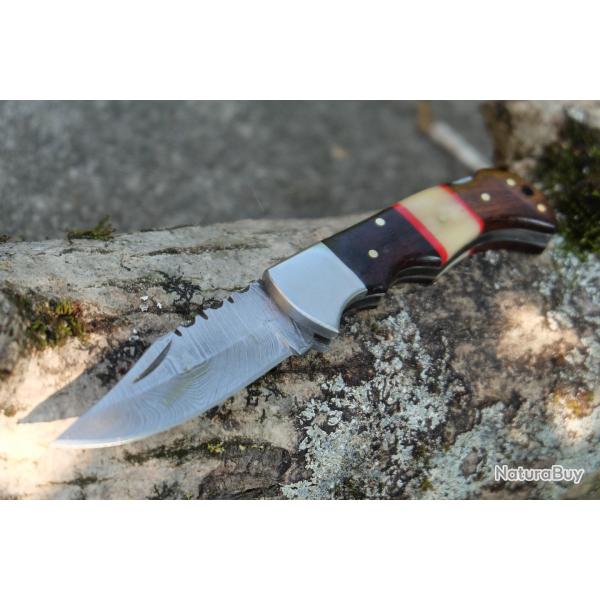 Couteau Lame Damas 128 Couches Manche Os & Bois Faon Buck 112 Fabrication Artisanale Lockback 001