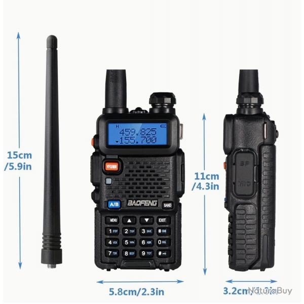 Walkie Talkie Baofeng 5W UHF/VHF Longue Porte Double Bande   Noir, Rechargeable par USB