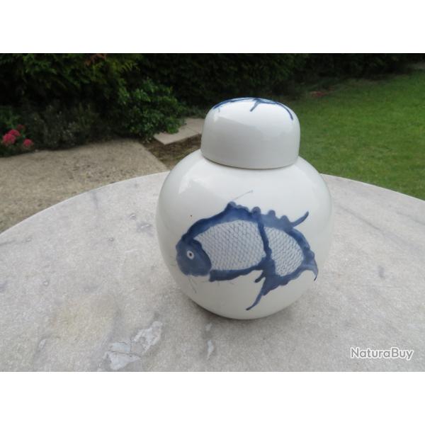 pot de gingembre vintage a dcor peint de couleur bleu et blanc de poisson carpe ko - (XX)