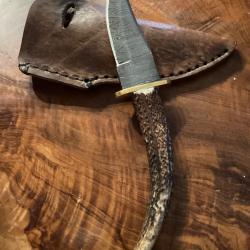 Couteau de chasse lame damas etui gros cuir artisan français