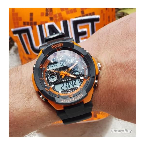 MONTRE TUNET MULTI-FONCTIONS NOIRE ET ORANGE
